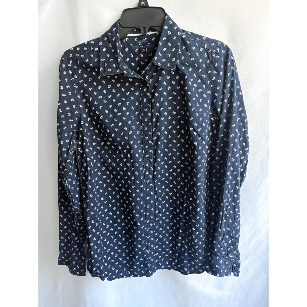 Tommy Hilfiger Floral Button Down Navy Blouse Size S Cotton Work Career Office